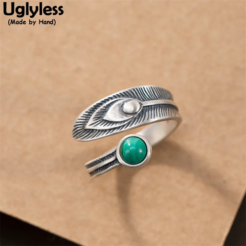 

Uglyless Exotic Natural Malachite Rings for Women Handmade Peacock Feather Rings Thai Silver 925 Silver Vintage Dress Jewelry