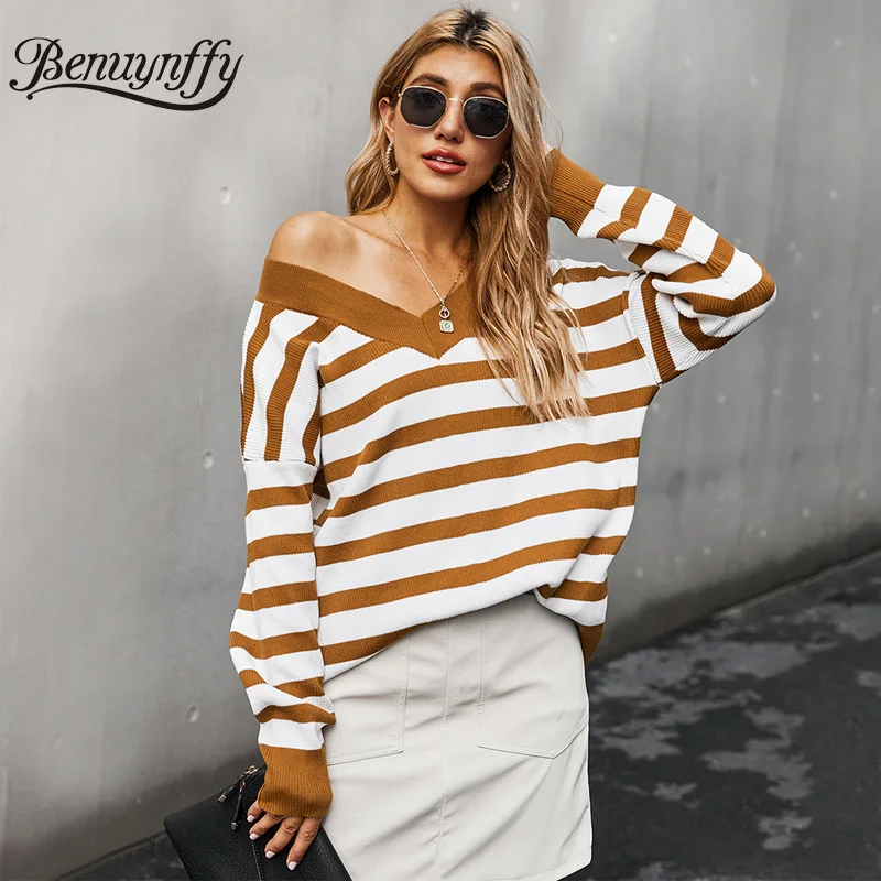 

Benuynffy Striped Off Shoulder Knitted Sweater Women 2020 Autumn Winter Casual Fashion Long Sleeve Pullover Female Retro Jumper