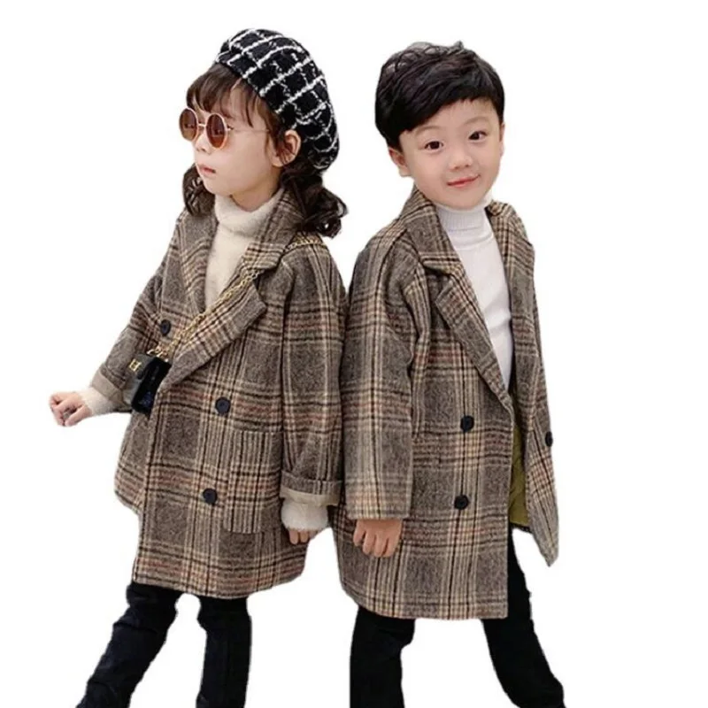 

Winter Toddler Boys Jacket For Children Clothes Kids Outerwear Casual Turn-down Collar Thick Plaid Wool Coat For Girls 2-13Y