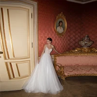 a line v neck wedding dress spaghetti straps tulle beading sequined floor length lace up shiny bridal gown vestido de novia