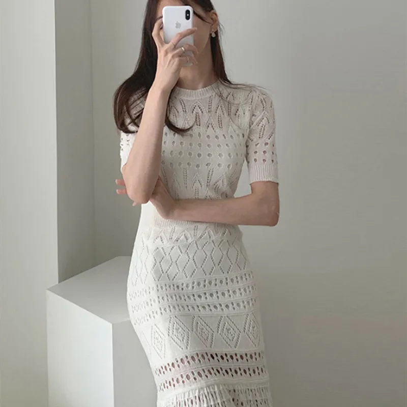 

New 2020 Summer Elegant Women Dresses O-neck Two-piece set Hollow ice silk High Waist Dress Female Solid Slim Office Lady Dress