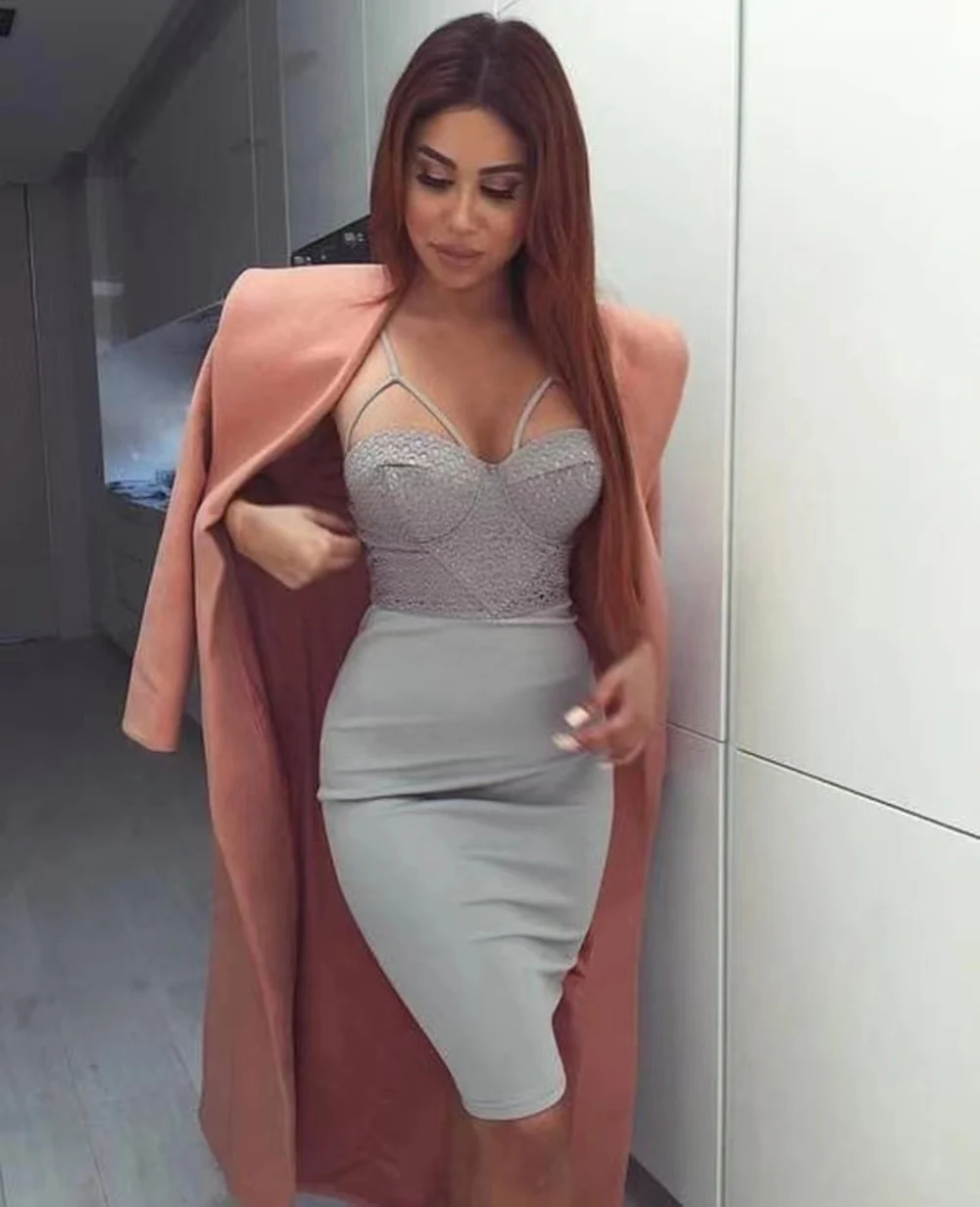 

High-quality new women's gray dress sexy sling hollow V-neck fashion knee-length bandage dress celebrity party Vestido curativo
