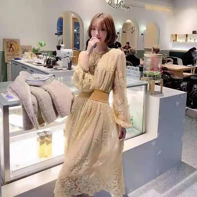 

Korean 2020 New Lace Long Sleeve Dress high waist show thin long mesh splicing medium length dress women