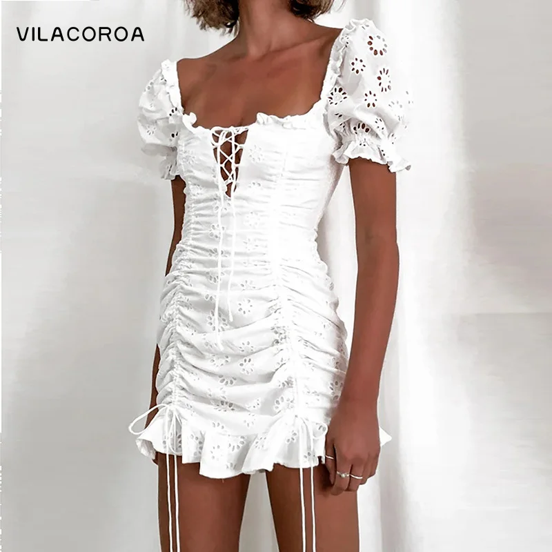 

White Square Collar Vintage Women Dress Bubble Short Sleeve Sexy Hollow Slim Mini Dress Drawstring Ruffle Draped Dress Female