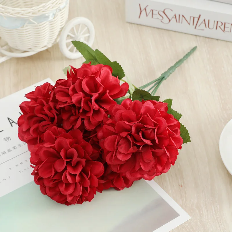 

Artificial Marigold 5 Heads Bouquet Silk Fake Flower Simulation Hydrangea Ball Chrysanthemum Wedding Home Decor Christmas CK44