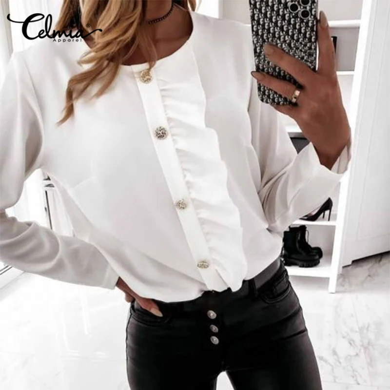 

2021 Autumn Long Sleeve Blouses Women's Casual Loose Ruffles Stitching Elegant Shirts Celmia Fashion O-Neck Buttons Dating Tops