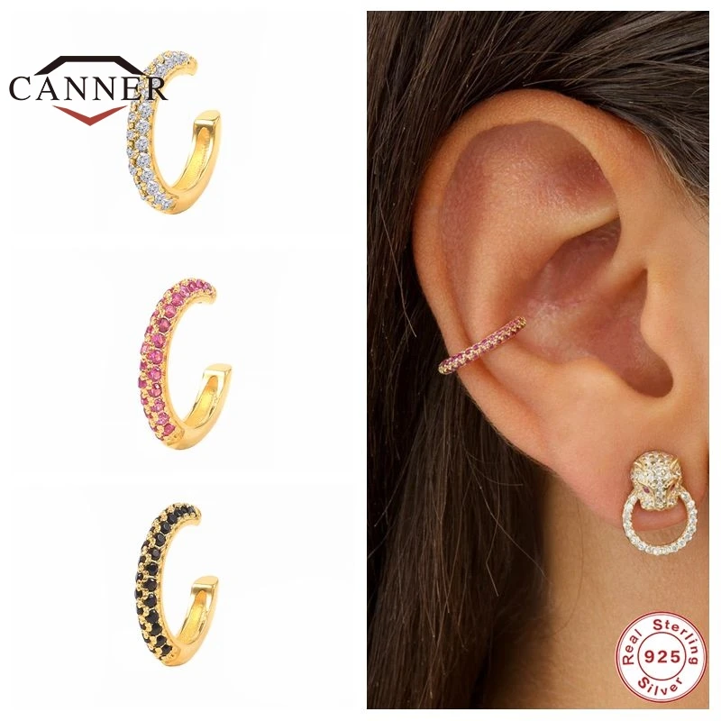 

CANNER 925 Sterling Silver Ear Cuff Ear Clip Earrings for Women Colorful Zircon Ear Buckle Earring Fake Piercing Earings Jewelry