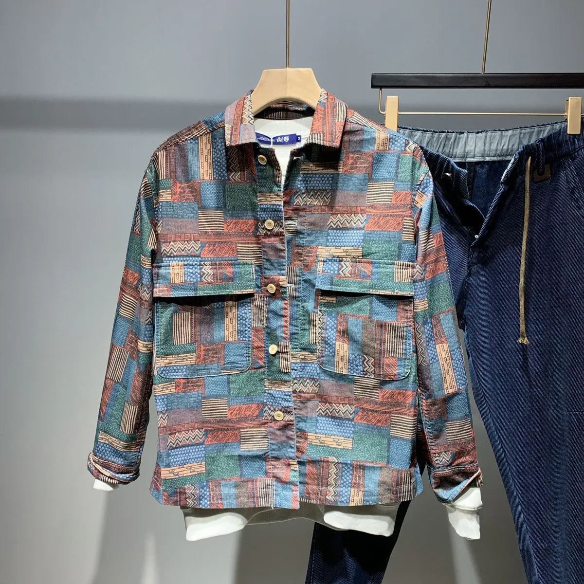 

2021 New Spring and Autumn Men's Jacket Korean Version of The Male Loose Suit Shirt Jacket Jacket Casual Trend Big Pocket Shirt
