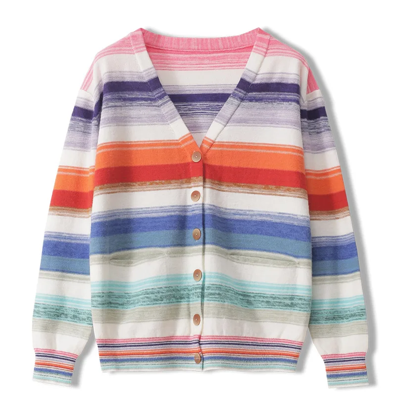 

Женский трикотажный однобортный Кардиган Fannic, свободный однобортный плотный кардиган в радужную полоску с длинным рукавом и V-образным выр...