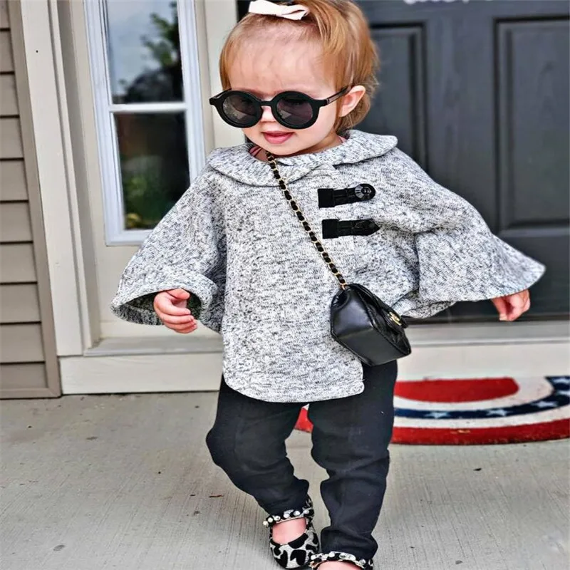 

1-6T Baby Girl Clothes Kid Irregular Jacket with Flared Sleeves, Button Decoration Simple Solid Color Autumn and Winter Clothing