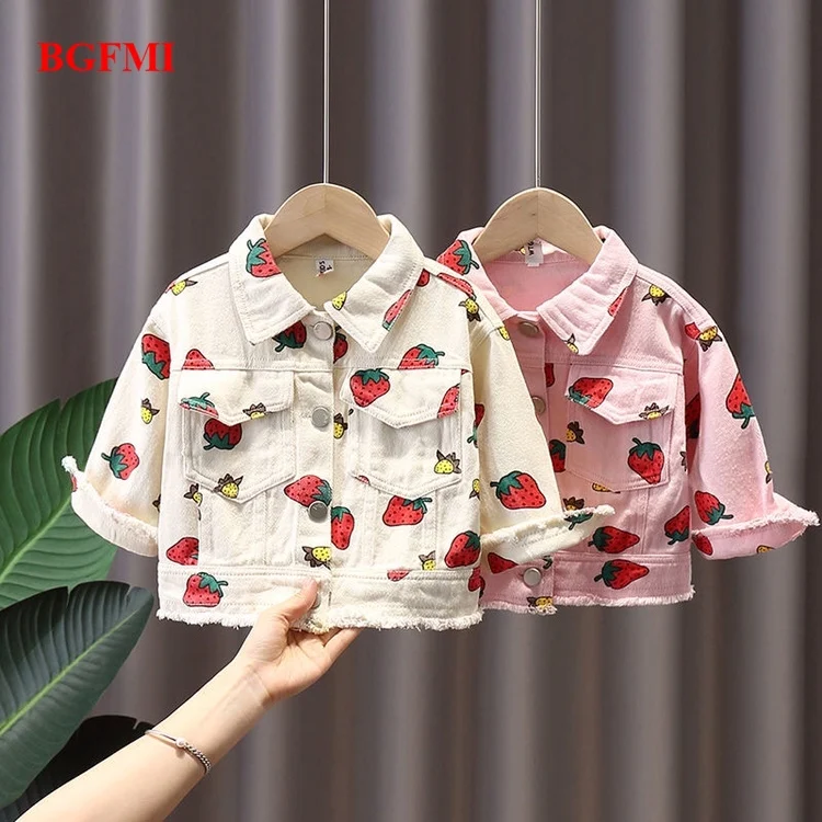 

Модная Осенняя джинсовая куртка розового и бежевого цвета; Кардиган с принтом клубники для маленьких девочек; Куртка с длинными рукавами на...