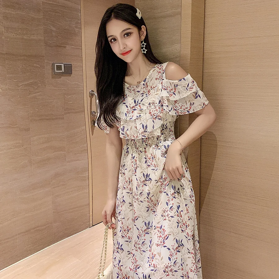 Винтажное шифоновое пляжное платье миди с цветочным принтом весна осень 2019