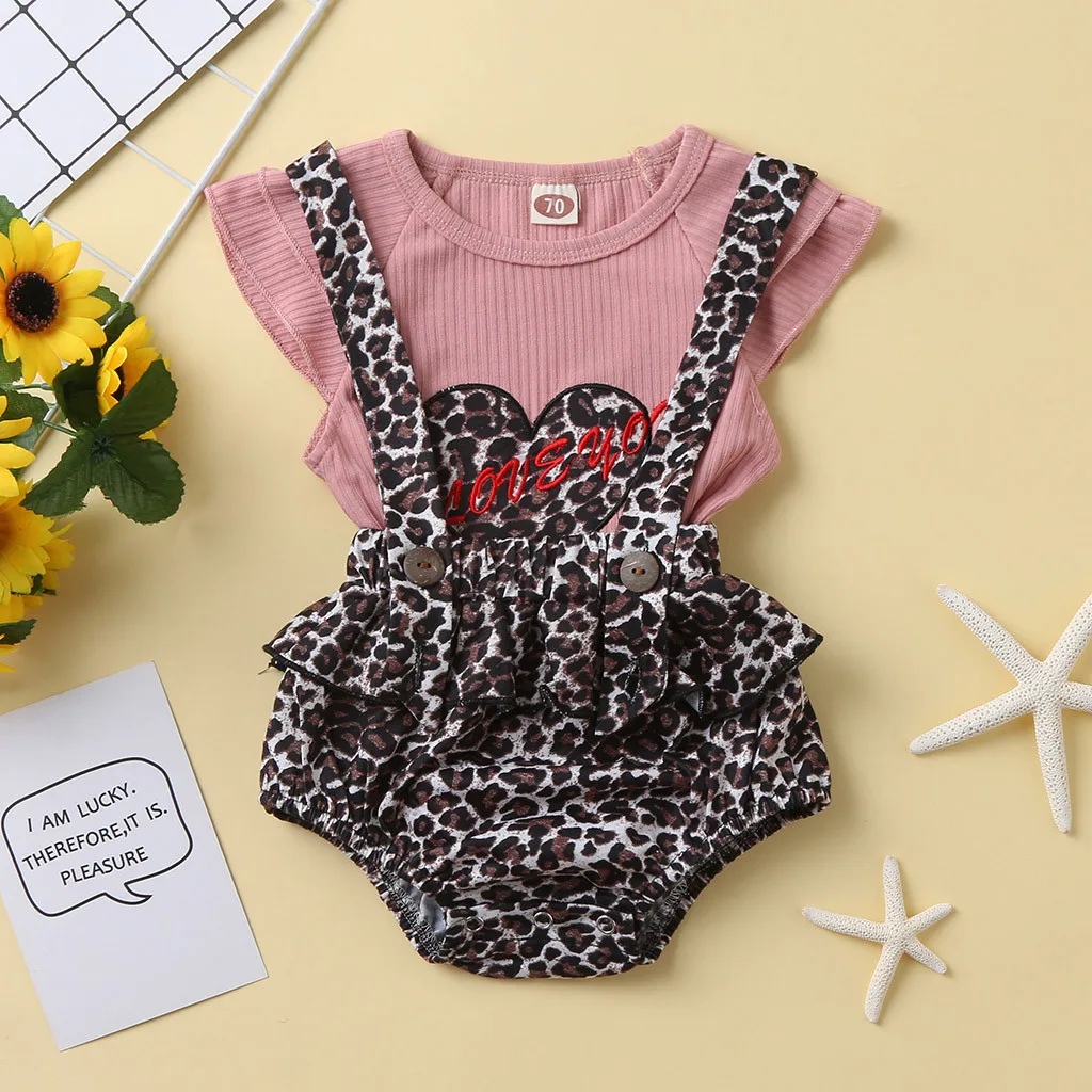 Комбинезон с надписью Heart для новорожденных девочек топы + леопардовые шорты