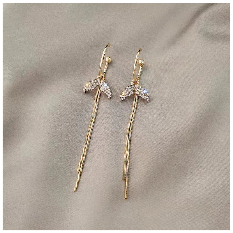 S925 silver needle simple temperament micro inlaid with fish tail long tassel earrings | Украшения и аксессуары
