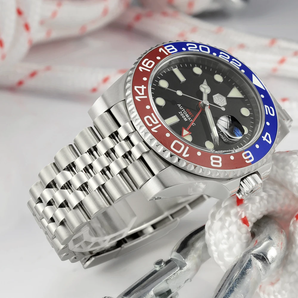 San Martin GMT Роскошные мужские часы юбилейный браслет двунаправленный керамический
