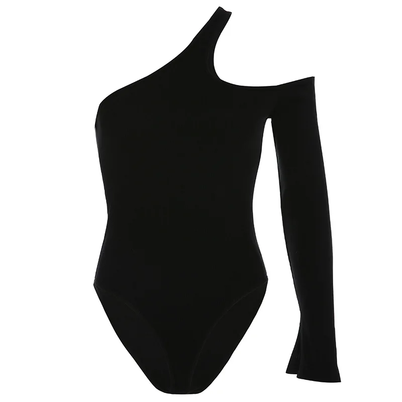 

Black One Shoulder Basic Bodysuit Rib Knit Elegant Women Sexy Autumn Bodysuits 2019 Fashion Long Sleeve Skinny Bodysuit