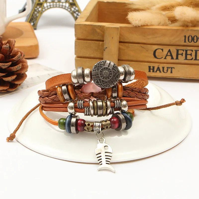 Винтажные подвеской Рыбы Череп Кожаный браслет для мужчин с отделкой бисером