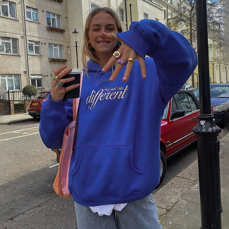 

Autumn Women Oversize Hoodie Korean Fashion Loose Embroider Hoodies Y2k Streetwear Sweatshirts Vintage Clothes Blue Pullovers