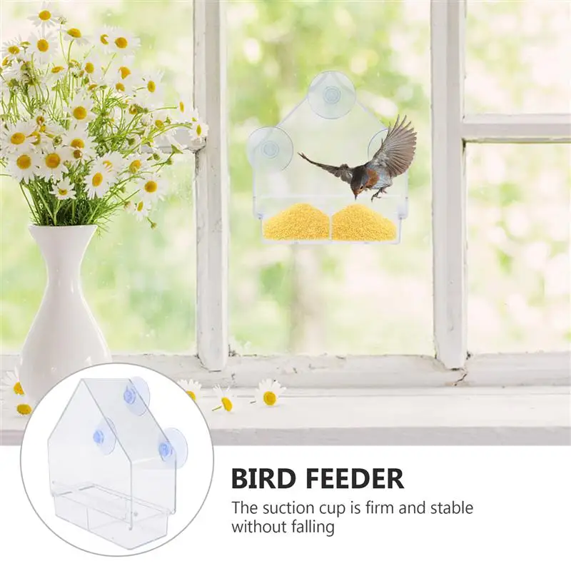 

1PC Creative Acrylic Birds Feeder Transparent Adsorption Birds Feeder Practical House Shape Bird Feeder For Dorm Store Home