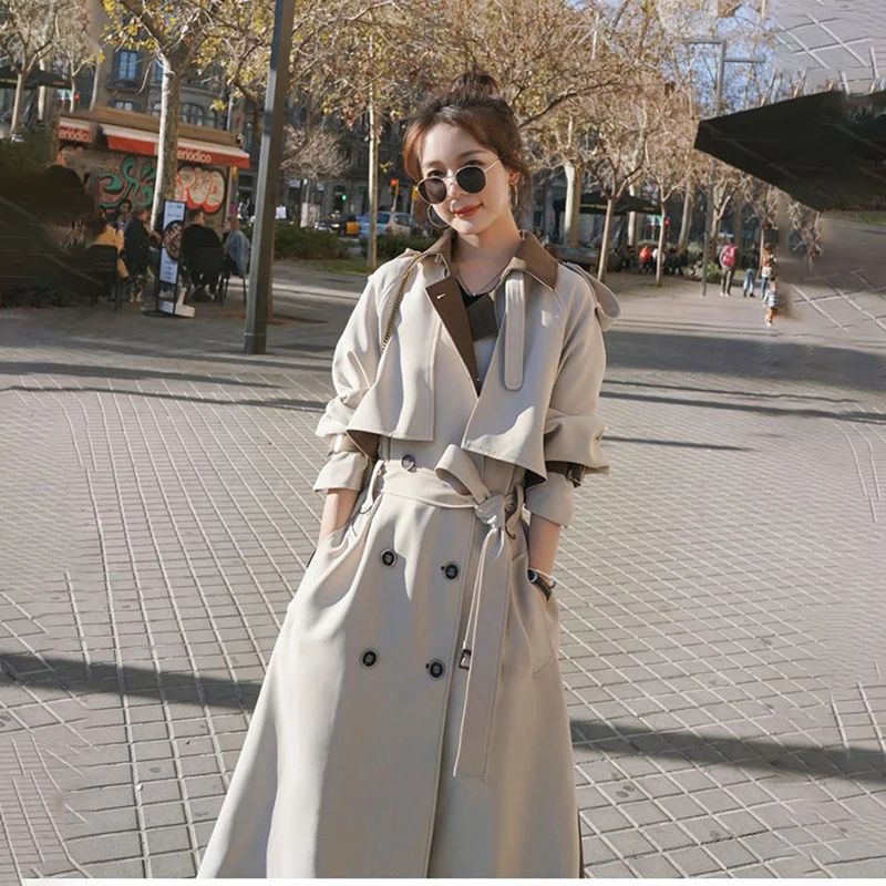 

Women's Trench Coat 2021 Spring Autumn New Fashion Apricot Color Stitching Lapel Double-Breasted Belted Windbreaker Female 26M