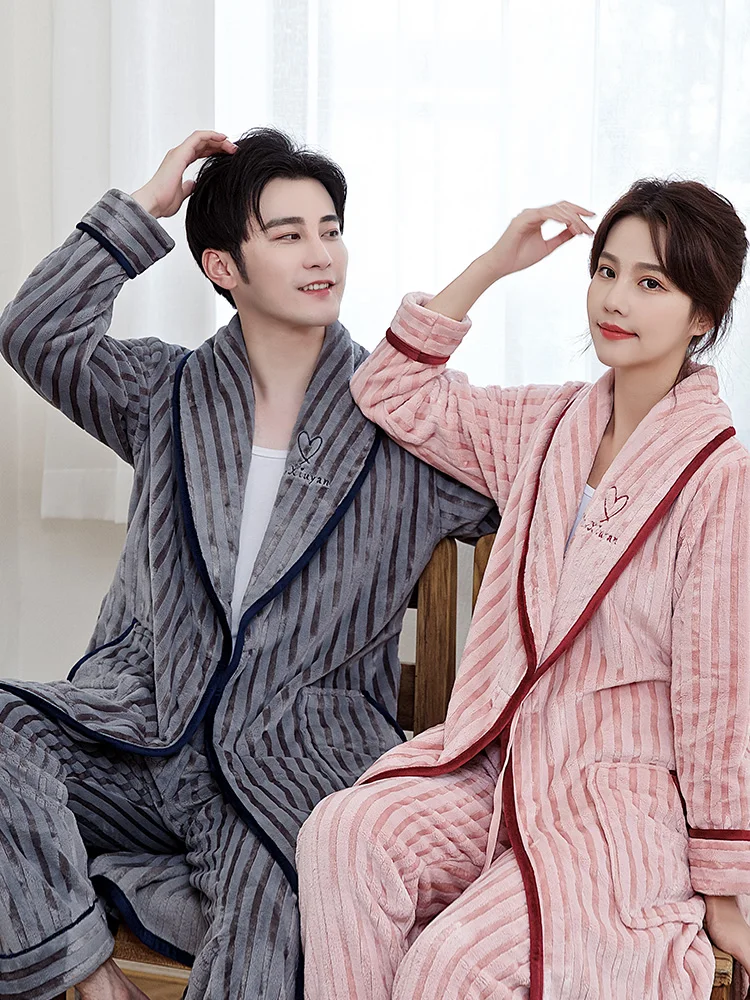 Coral Fleece 2PCS Kimono Robe Gown&Pants Set Nightwear Couple Sleepwear Flannel Loose Pyjamas Soft Nightgown Warm Pajamas 3XL