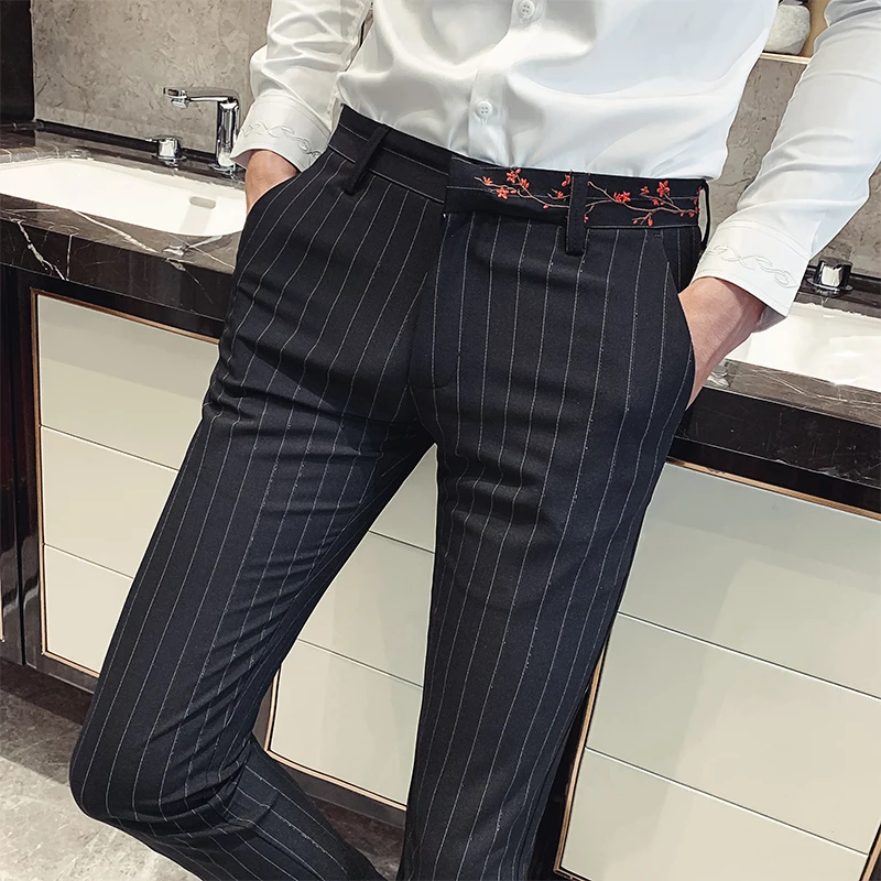 Деловая официальная одежда брюки в полоску мужские корейские облегающие