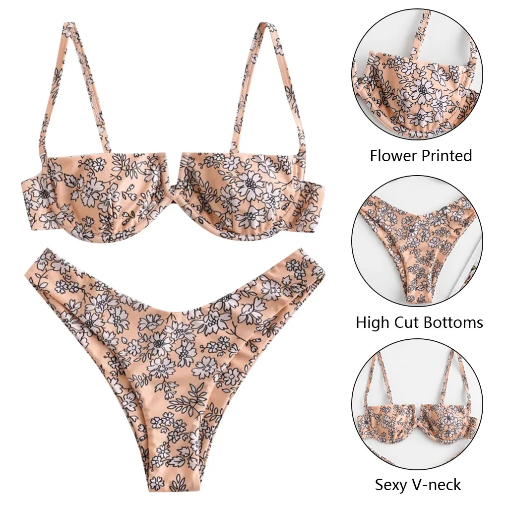 

Women Flower Print High Cut V Neck Two Pieces Bikini Swimwear Swimsuit Beachwear Padded Bra Straps High Waist Swimsuit