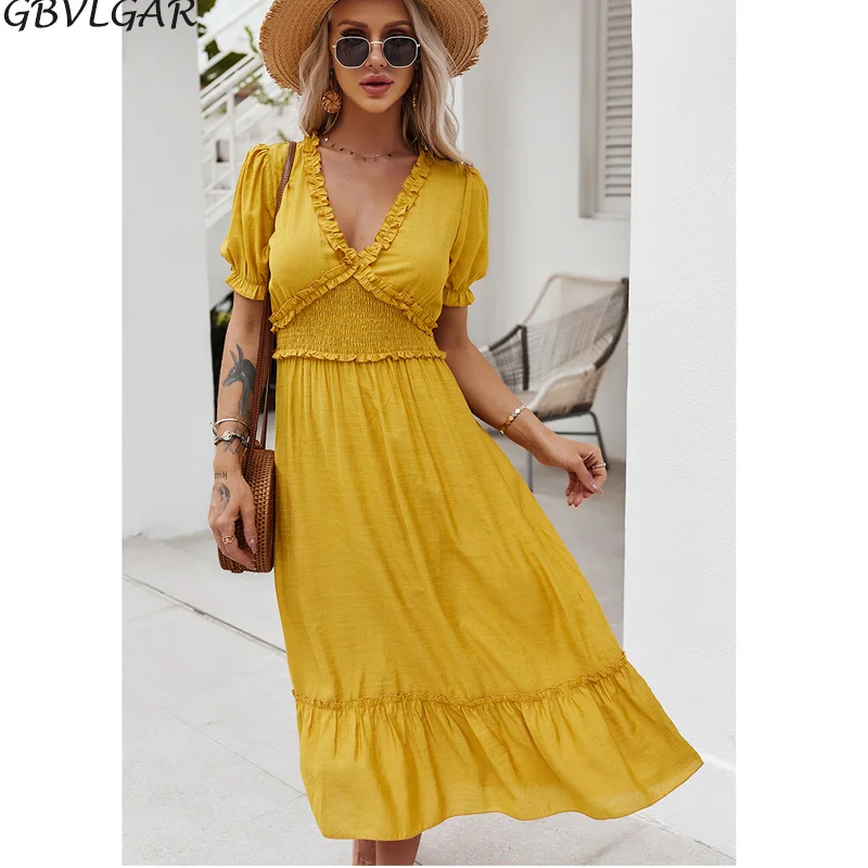 

Для женщин с V-образным вырезом и короткими рукавами, в богемном стиле, с высокой талией, а-силуэт, платье женская желтая туника с оборками бо...