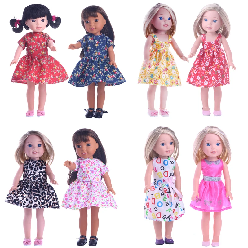 

Doll Clothes Multcolor Printing Shoulder-Straps Cotten Dress For 14.5 Inch American Doll Wellie Wishers Accessories Doll Shoes