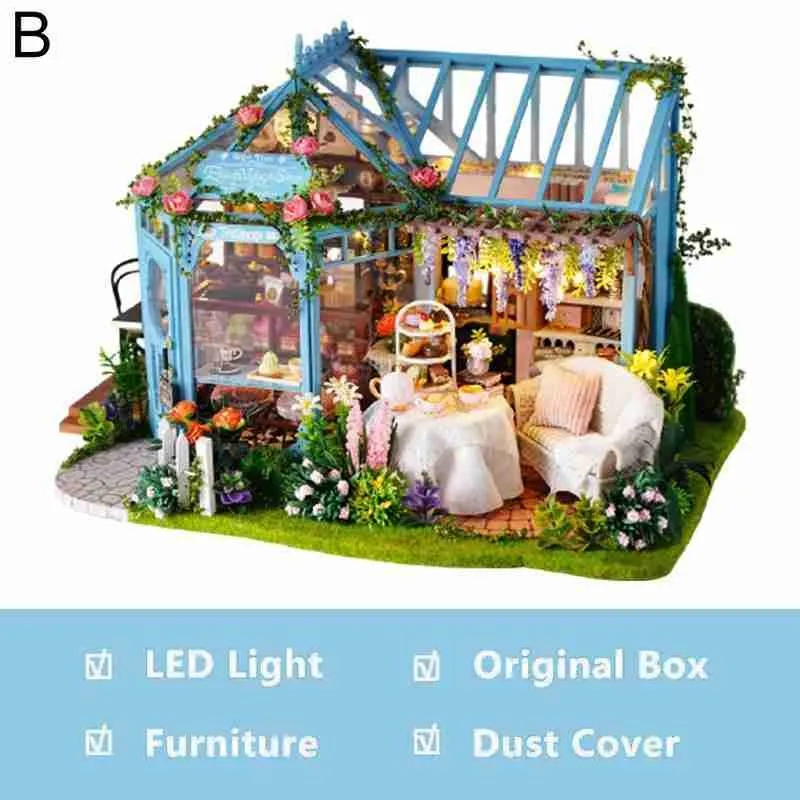 

Diy Dollhouse Wooden Doll Hut Rose Garden Tea House Handmade Small House Model Assembled Toy Birthday Gift Furniture Kit