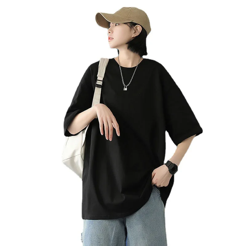 

2021 New Summer Solid Color Korean Style Base White Short-Sleeved T-shirt Women's Loose All-Matching Pure Cotton for Students