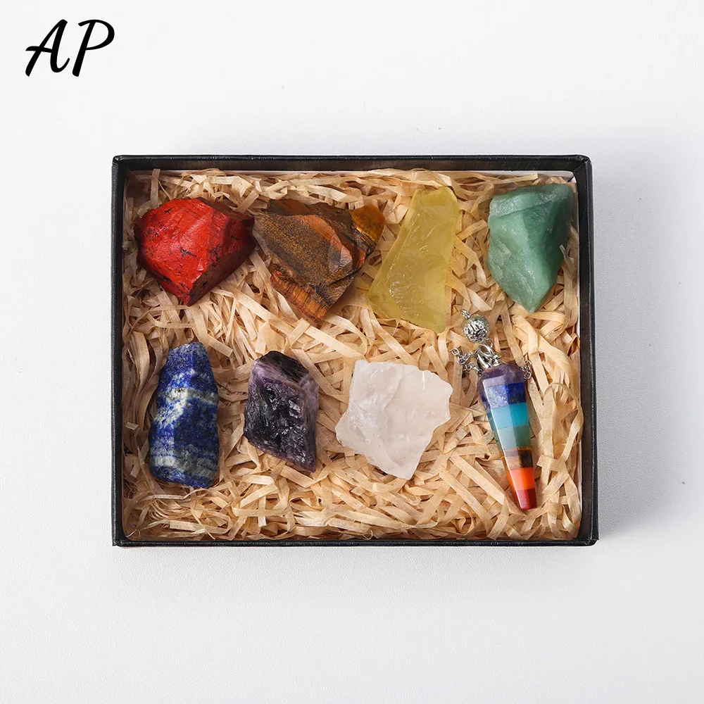 

Natural Crystal Seven Chakra Raw Stone & Chakra Pendulum Black Box Set Healing 7Color Gem Chakra Energy Decoration