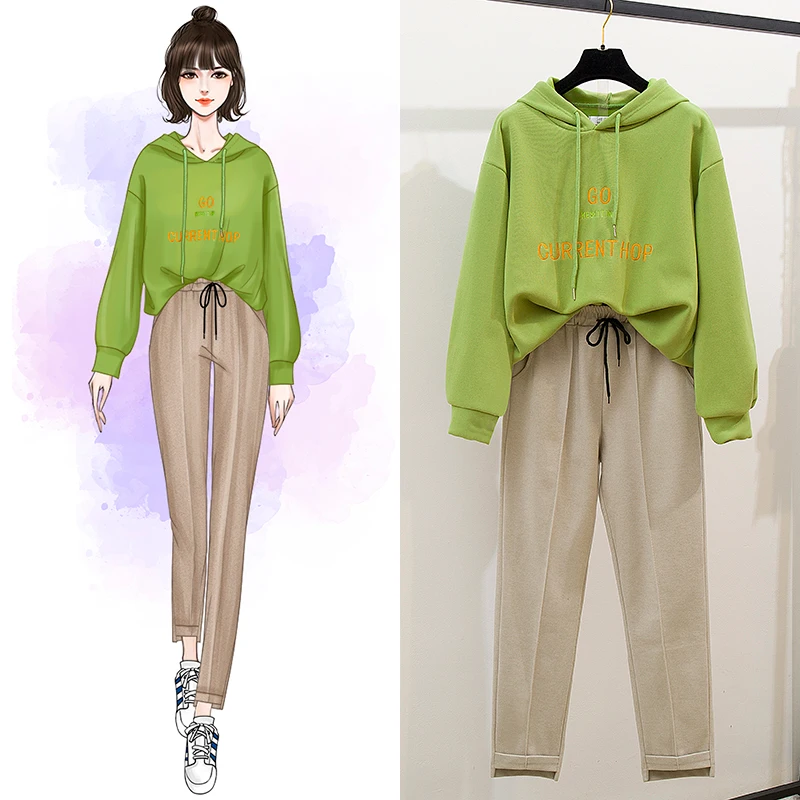 

New Winter Hoodies Trousers Women College Winds Good Quality Velvet Hooded Fleece Top Casual Leisure Fashion Pants Suit 2 Pcs