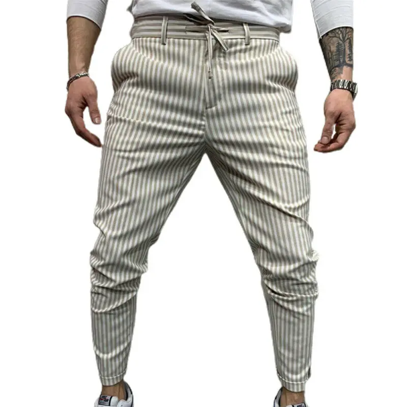 

Брюки мужские с принтом в полоску, деловые приталенные штаны на шнуровке, модная летняя одежда