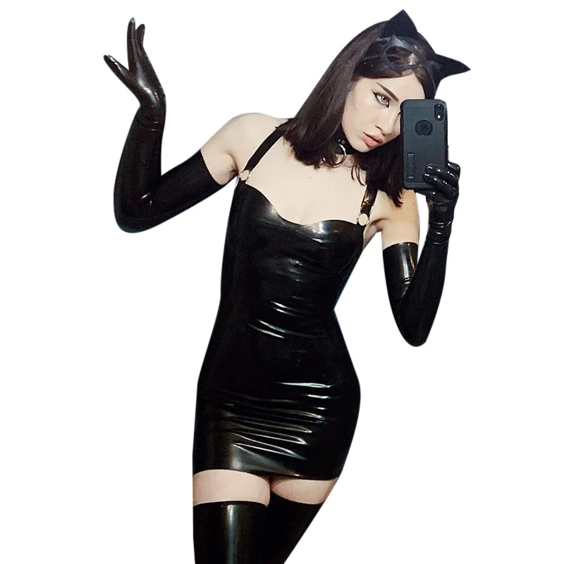 

Ladies Sexy Leather Bodycon Mini Dress Sling Halter Black Female Party Vintage PU Gothic Dresses for Women 2021