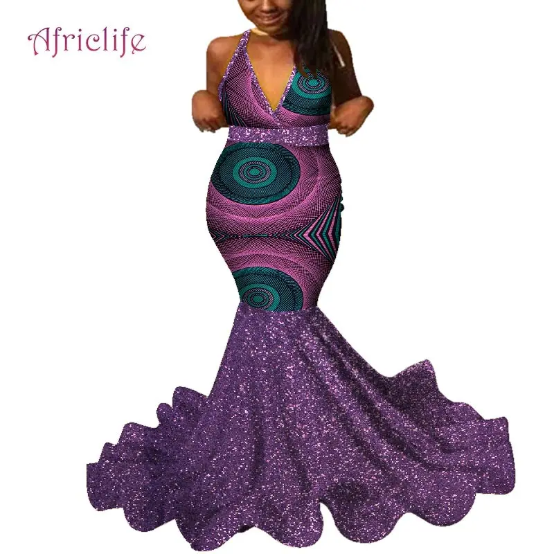 Dashiki African Wedding Long Skirt Sexy Deep V Party Dresses for Women African Print Sleeve Women Clothing WY4641