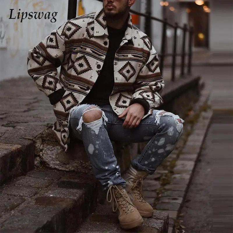

2021 Men Casual Long Sleeve Coats Streetwear Autumn Vintage Pattern Print Mens Jacket Winter Fashion Slim Zipper Cardigan Jacket
