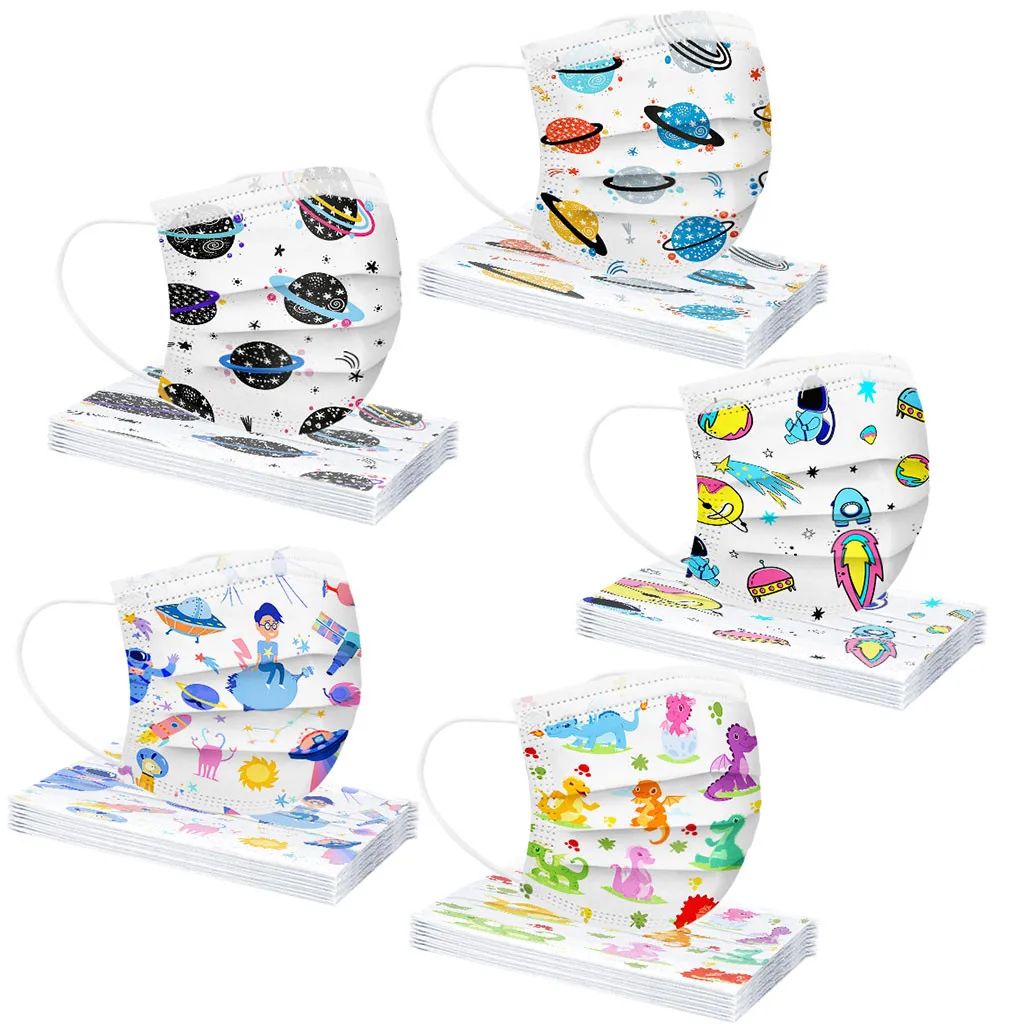 

50pc Multi Pattern Planet Universe Print Children Disposable Mouth Mask Cute 3ply Earloop Breathable Kids Mask For Face Маска