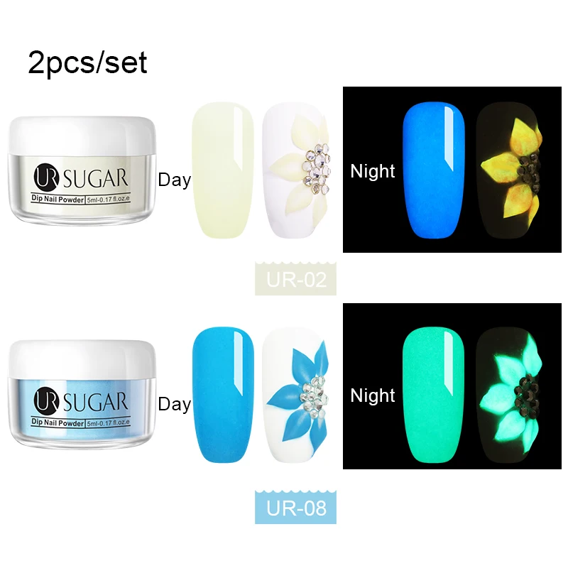 2pcs powder2 UR SUGAR светящаяся неоновая жидкость для ногтей Dip Акриловая жидкость художественные украшения флуоресцентный погружающийся блеск светящийся в темноте пигмент пыль - Цвет: 2pcs powder2