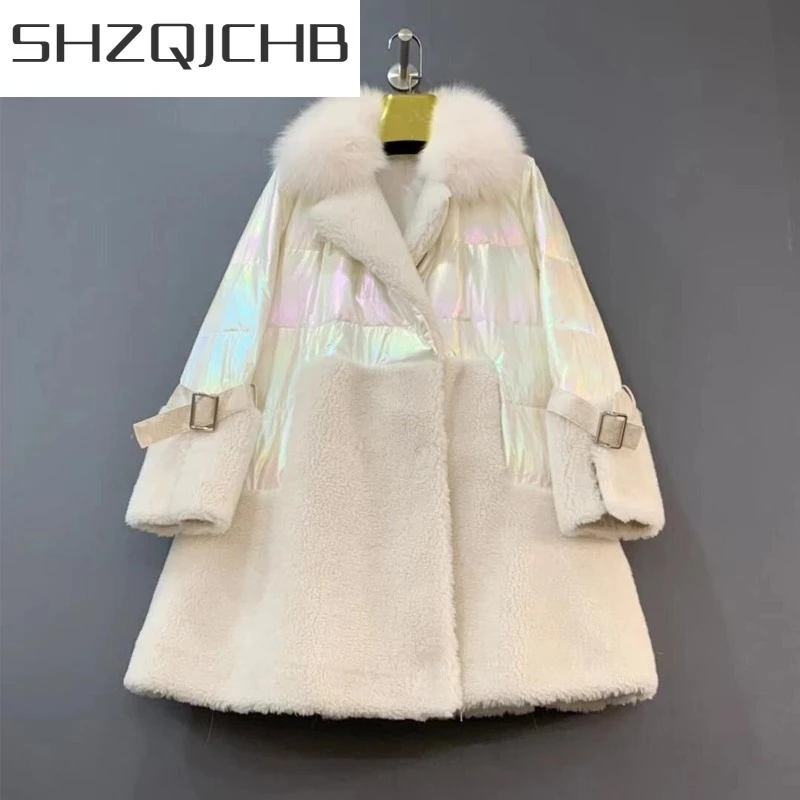

JCHB 2021 Streetwear Overcoat Women Winter Fox Fur Collar Genuine Leather Down Coat Luxury Sweet Long Sleeve Warm Outwear Plus S
