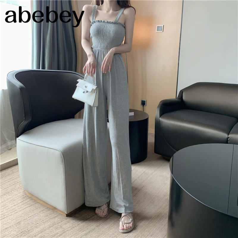 

Women Summer Strap Long Pants Jumpsuits Loose Sexy Beach Elastic Sleeveless Solid Kintting Wide Leg Rompers