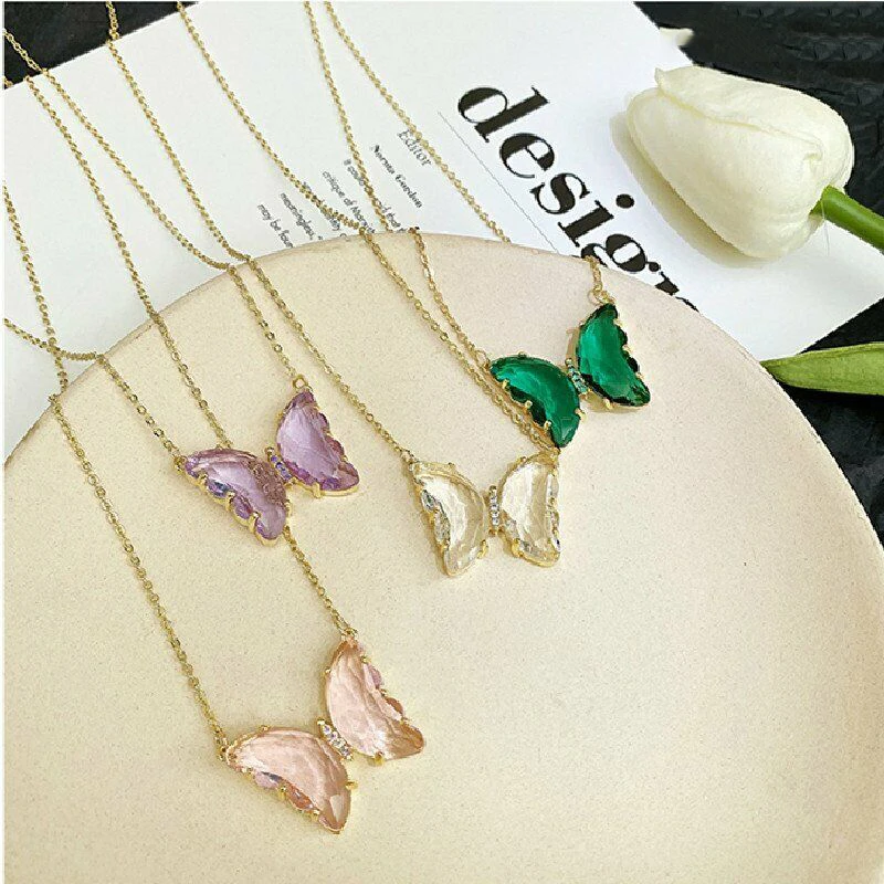 

Colors Crystal Butterfly Pendant Necklace For Women Fashion Stainless Steel O Chain Necklace Korean Style Fashion Party Jewelry