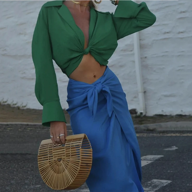 

MosiMolly Blue Knot Skirt Bottom Women OL style Split Skirt Bottom Women Bow Midi Skirt 2021
