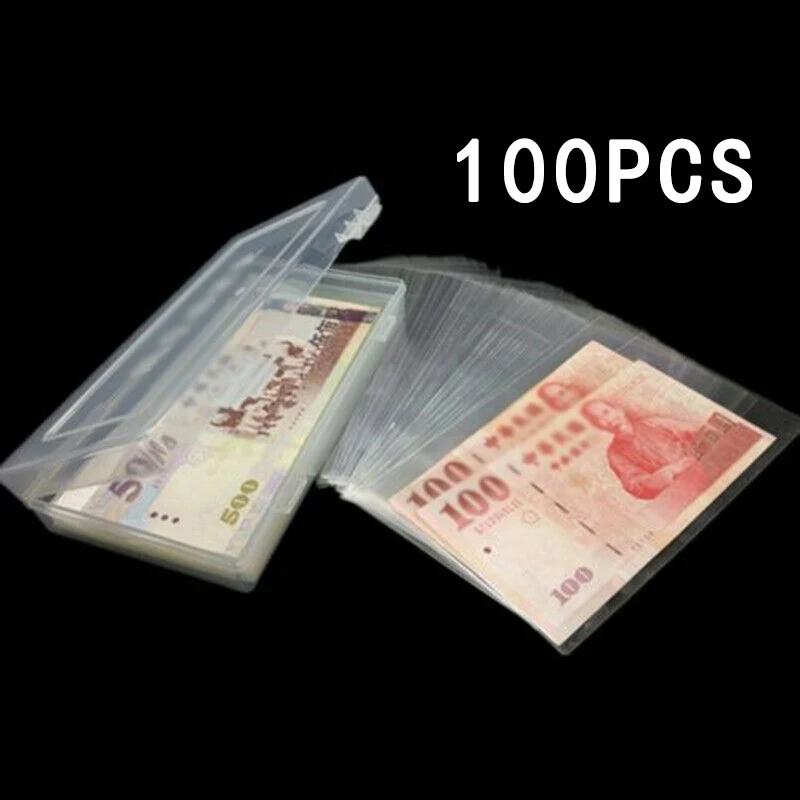 

100xClear Case Paper Money Currency With Box Plastic Storage Pocket Sleeves Pack