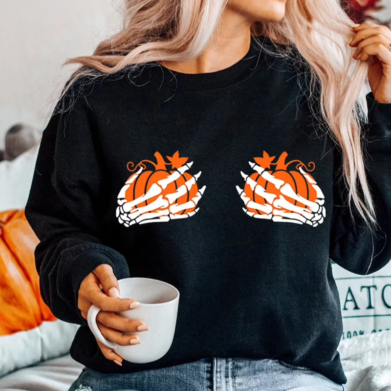 

Pumpkin Boobies Sweatshirt Women Funny Skeleton Hands Crewneck Sweatshirts Halloween Clothes Wicca Witch Clothes 90s Grunge Tops