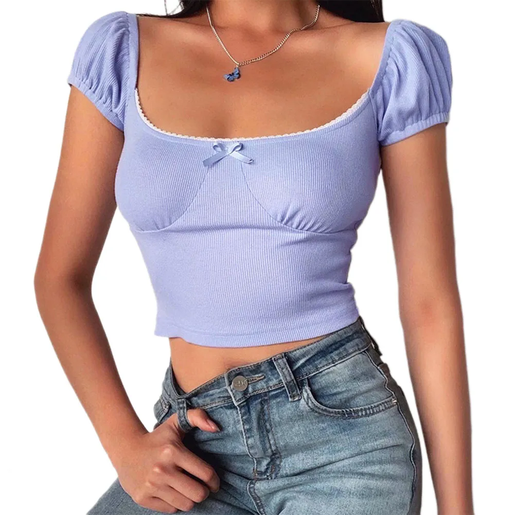 

Sexy Women Top Fashion Summer Short Sleeve Square Collar Casual Solid Color Slim Tops for Ladies