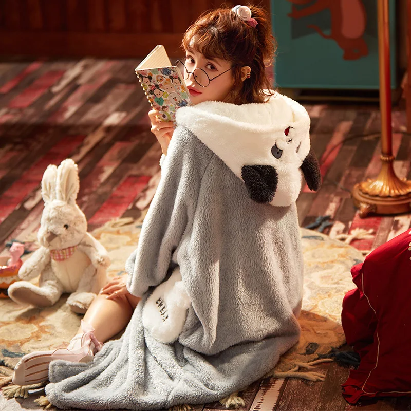 Women Sleepwear Winter Pyjamas Intensification Nighty Loose Version Medium Style Hooded Pajamas Plus Size XXL Plush Pajama set