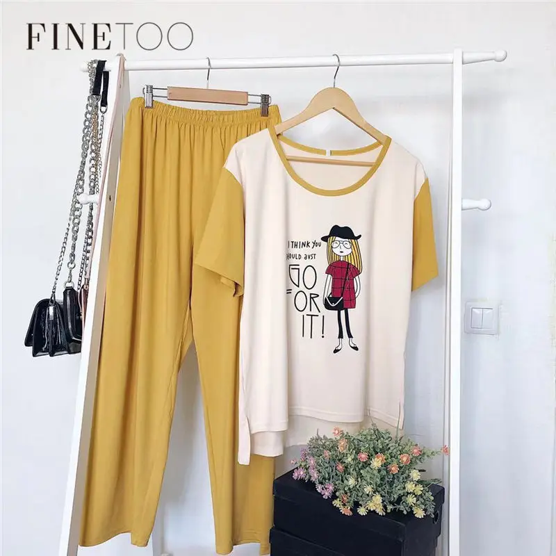 Пижама женская из молочного шелка с круглым вырезом и длинными брюками|Комплекты