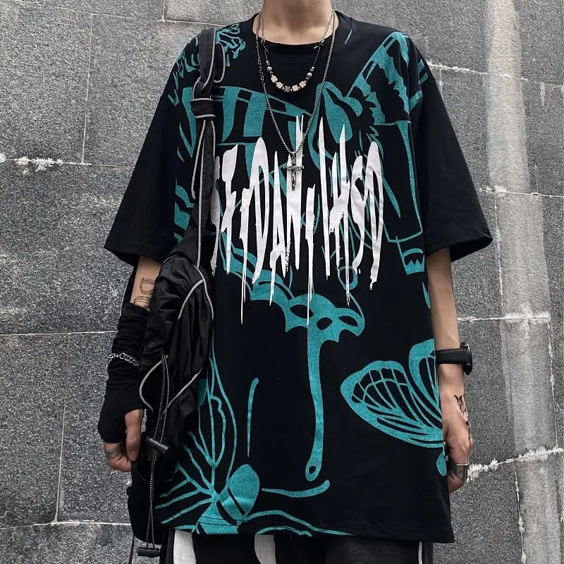 

Хлопковая футболка в стиле Харадзюку, мужская рубашка в стиле хип-хоп, с принтом в виде темных граффити, с бабочкой, летняя