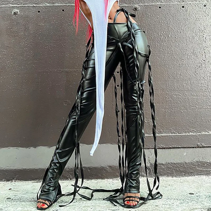 

Ribbons Faux Leather Solid Flare Pants Women 2020 Fashion Aesthetic Streetwear Side Slit Mid Waist Trousers Hot Selling